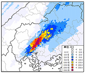 図：2014年8月20日午前3時～4時の広島県の降水量分布