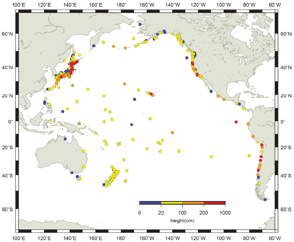 図1：海外の検潮所で観測された津波の高さ（最大値）