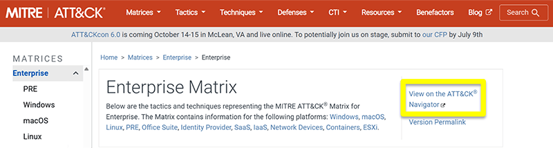「View on the ATT&CK Navigator」を開く