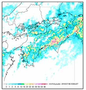 図：2018年7月6日午前3時ごろの四国地方の降水量分布
